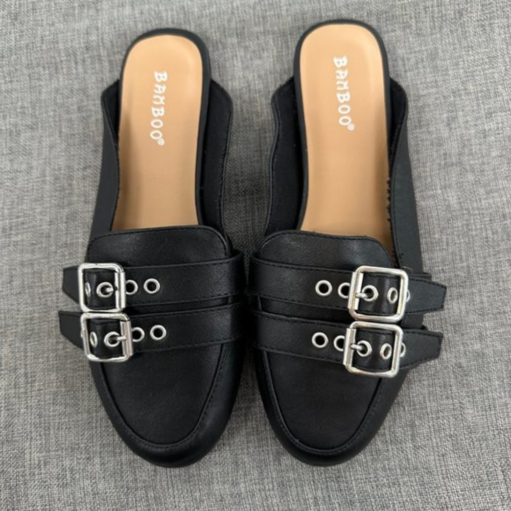 BAMBOO Black Double Buckle Slide Mules